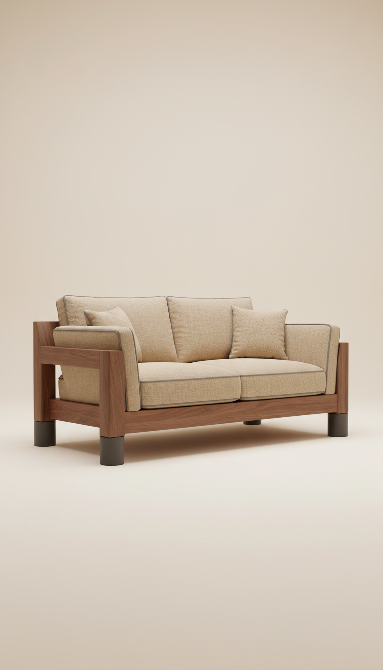 Sofa aus Echtholz und Bouclé-Stoff