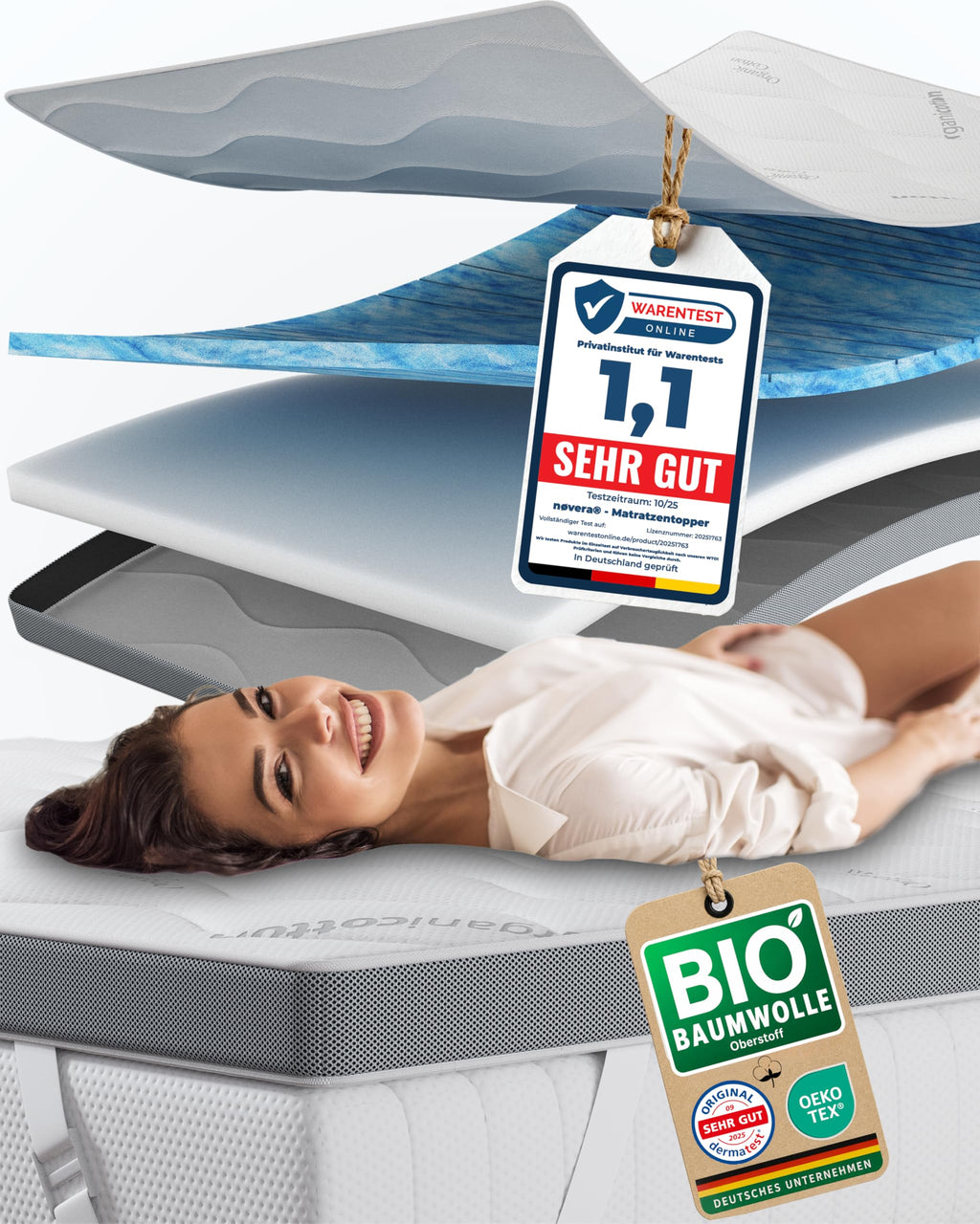 Deluxe Gel Topper 180x200cm | Oberstoff aus 100% Bio-Baumwolle | wolkenweicher 7-Zonen Matratzentopper 180x200cm | Hohes RG 50 | 8cm Matratzen Topper